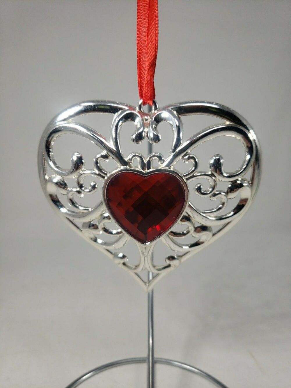 Lenox Bejeweled Heart Christmas Ornament Silverplate Red Faceted Crystal